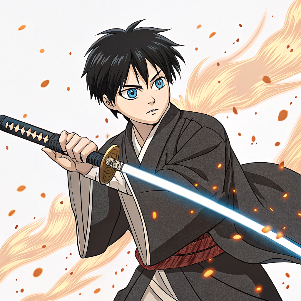 AI generated image by Red Panda AI: ภาพอนิเมะ เด็กชายอายุ18 ผมสีดำ ตาสีฟ้า ใส่ชุดญี่ปุ่นยุคเก่า ถือดาบคาตานะติดไฟ รอบตัวมีออร่าไฟ ขอลายเส้นแบบอนิเมะเรื่องดาบพิฆาตอสูร