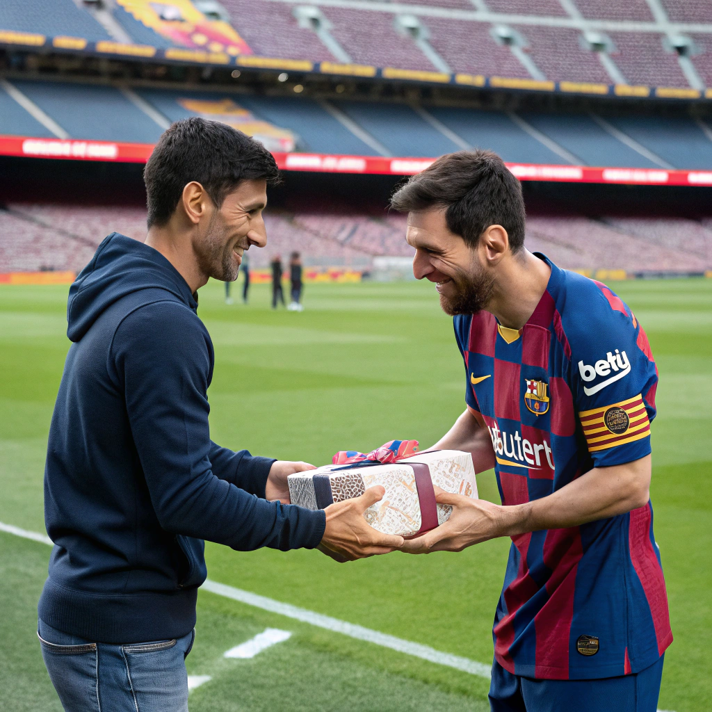 AI generated image by Red Panda AI: 
Messi, wearing his World Cup kit, greets Rodrigo on his birthday from the Barcelona stadium.