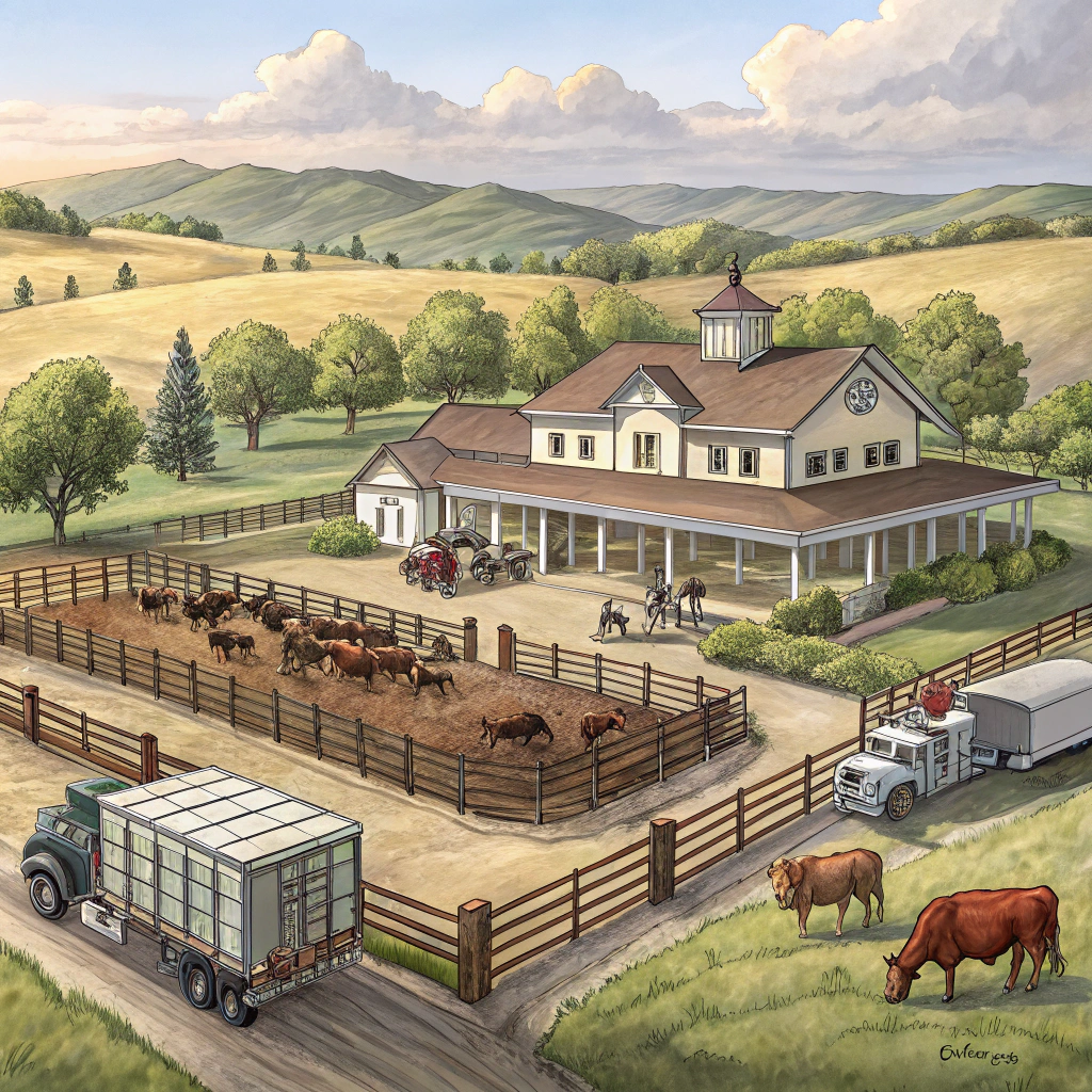AI generated image by Red Panda AI: Imagen de una hacienda ganadera grande que incluya; una casa grande la principal, una casa para los trabajadores, un corral ganadero grande donde tenga vacas y toros con un embarcadero y en el embarcadero un camión , unas dos bodegas separadas, un potrero cerca para que sea el hospital de las vacas enfermas  y un punto de encuentro seguro