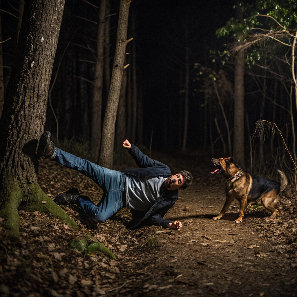 AI generated image by Red Panda AI: Crea una imagen de  Manuel caendo  al suelo, en medio del bosque y la  oscuridad rodea la escena, y  Su perro, sigue ladrando parado a su lado 
