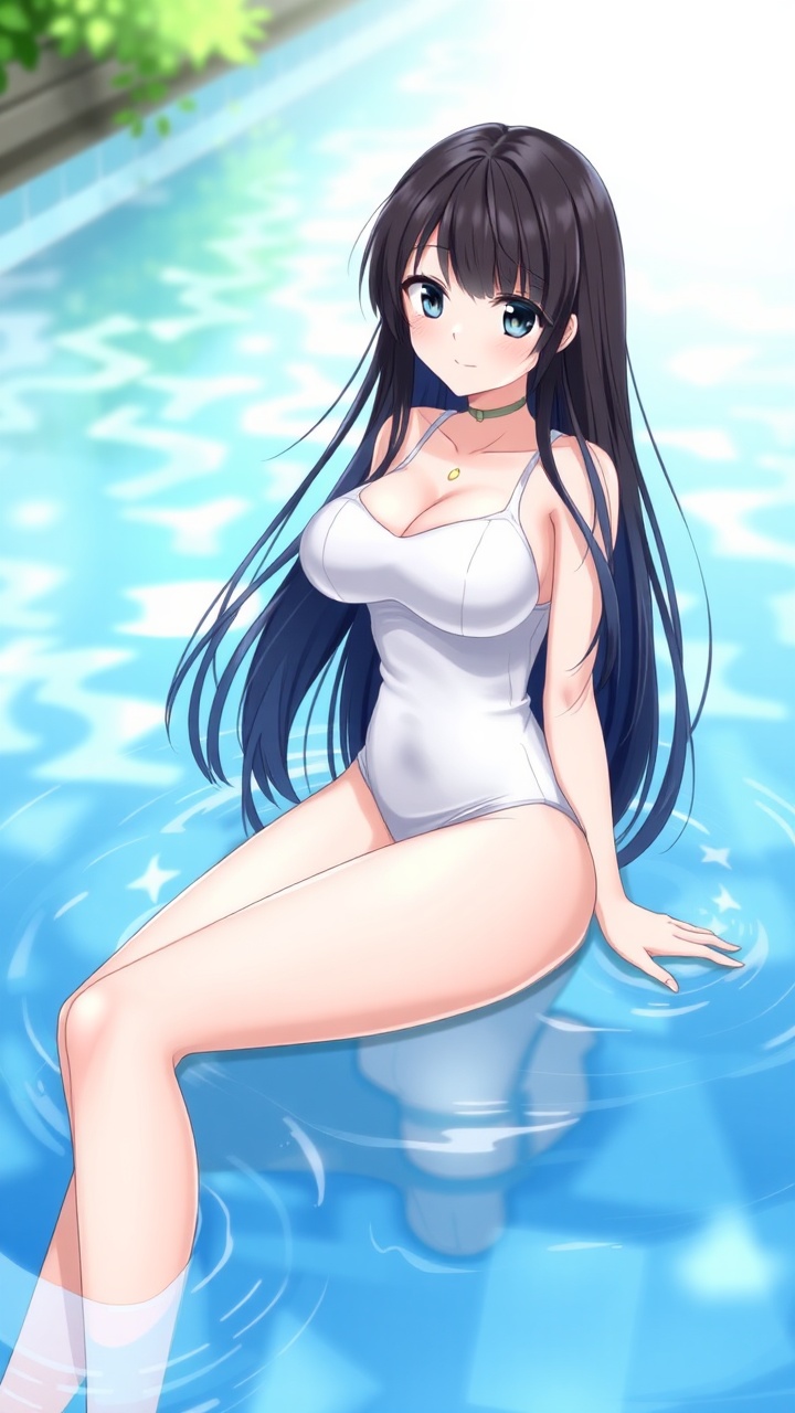 AI generated image by FLUX.1-schnell: 1girl,beautiful,realistic,swimsuit,solo,pool,one-piece swimsuit,lie in water,spring,hot spring,perfect figure,long hair,full body,long legs,charming pose,black hair,white one-piece swimsuit,breasts,looking at viewer,water,realistic,lips,cleavage,blurry,wading,blurry background,thigh gap,medium breasts,collarbone,cowboy shot,black eyes,standing,
