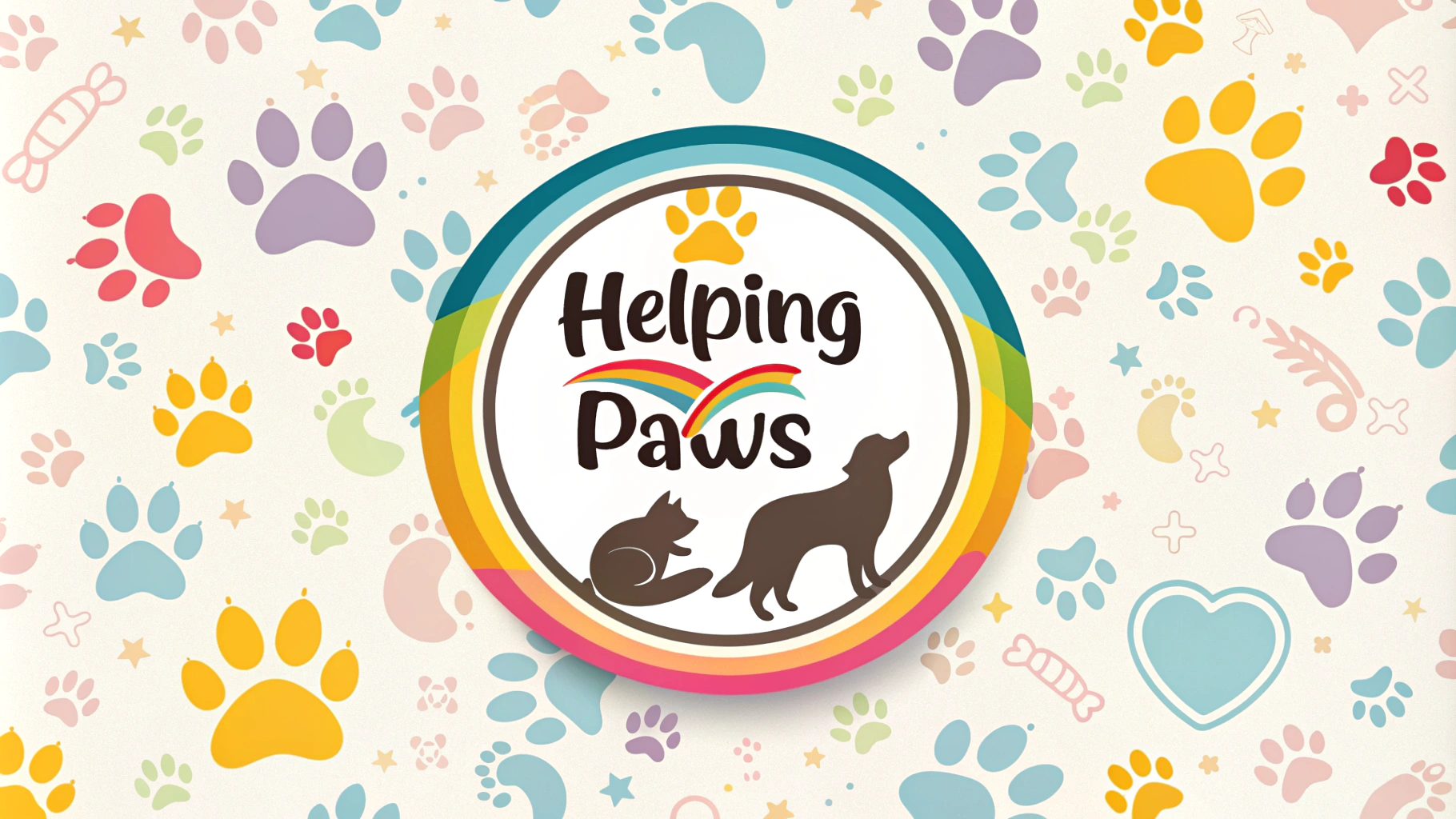 AI generated image by Red Panda AI: Make a logo for YouTube with the necessary measurements, the logo must say helping paws (the name of the channel) the name can be inside a paw, I want it to be round and have silhouettes of all kinds of animals around the name, I want it to be be colorful and fun