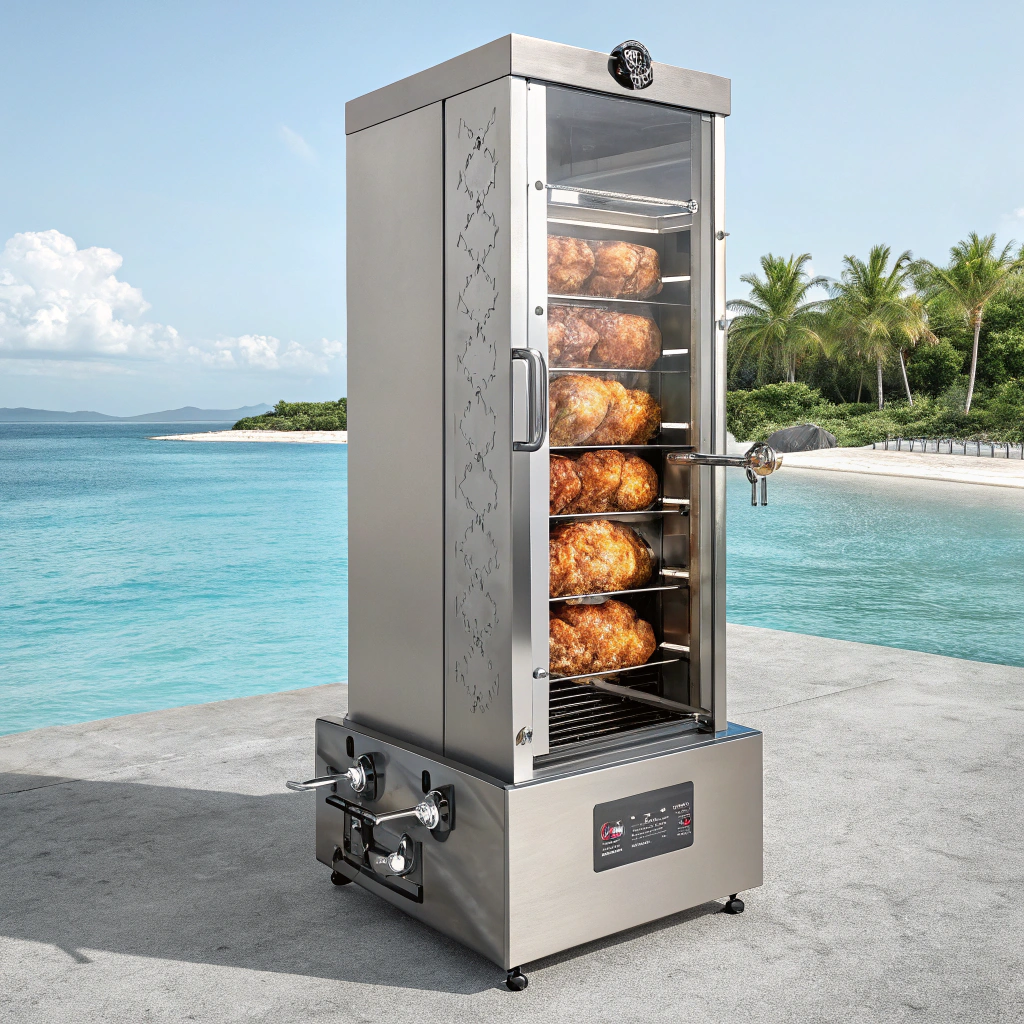 AI generated image by Red Panda AI: Quiero una imagen de un asador tipo barril vertical en acero, que tenga dos puertas corredizas y 3 niveles de cocción, color gris realista de fondo en un mar del caribe