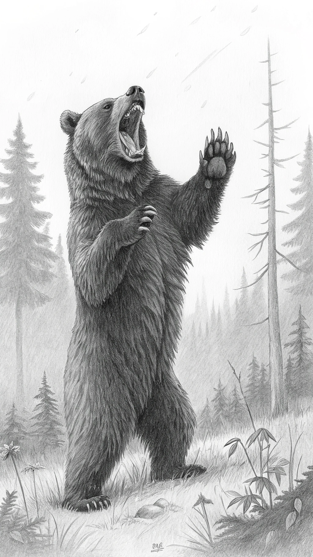AI generated image by Red Panda AI: black and white pencil drawing  of a scary angry bear standing with his hands and open claws raised, facing front, very Hight details,  natural and realistic body position, with forest in background, against pure white background
