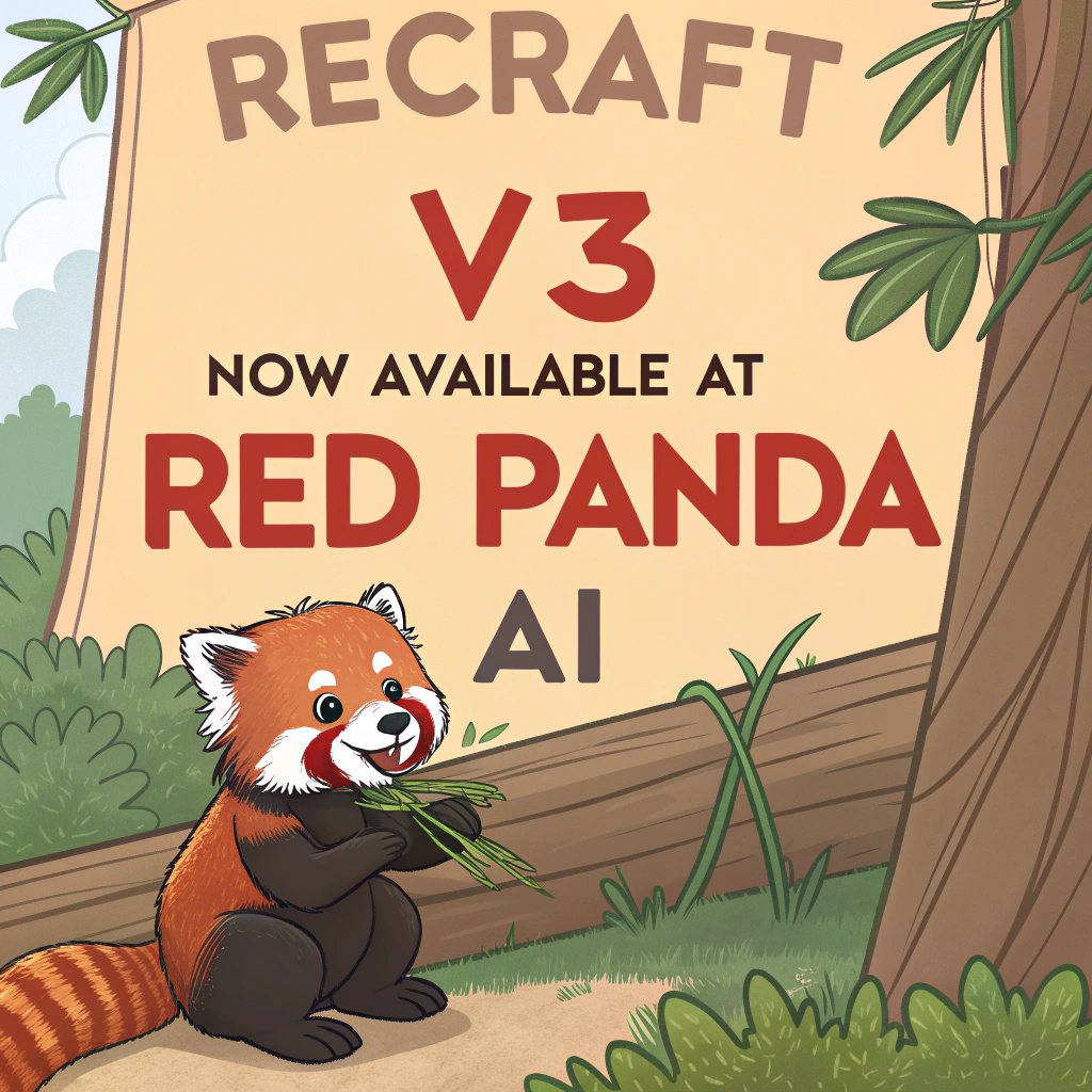 AI generated image by Red Panda AI: a red panda eating a bamboo in front of a poster that says "recraft V3 now available at red panda ai