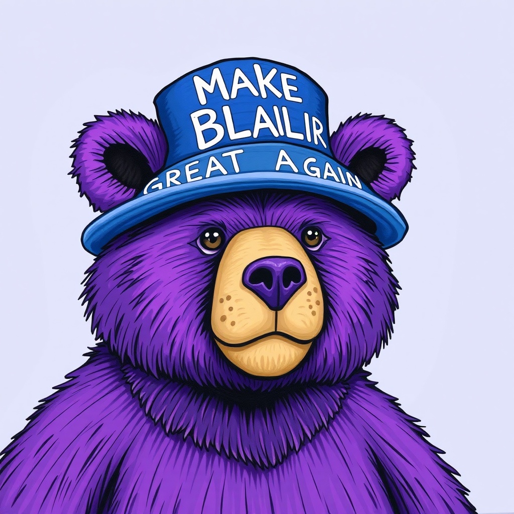 AI generated image by FLUX.1-schnell: Purple bear wears a hat that says "Make Blair Great Again"