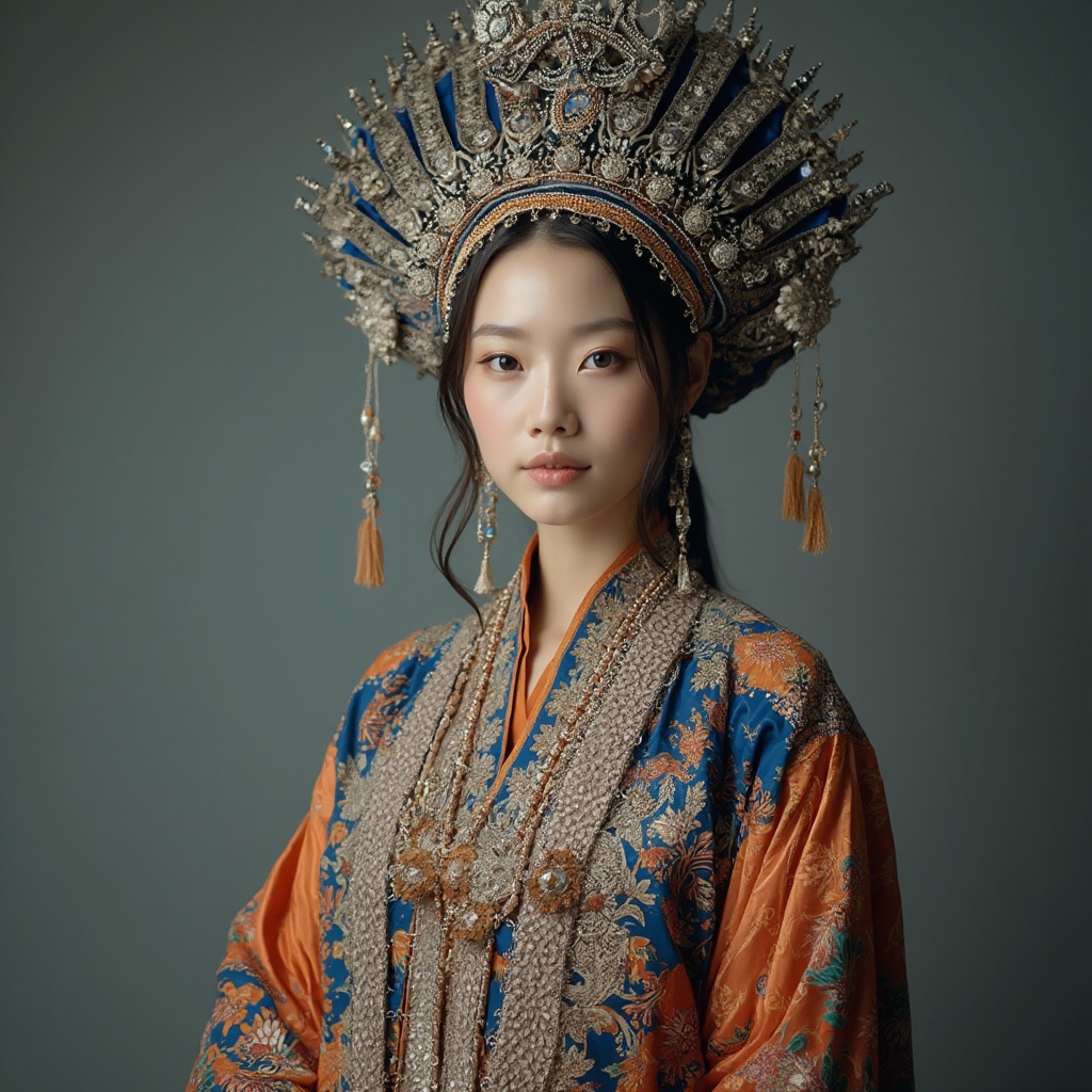 AI generated image by FLUX-Realism-Lora: Japanese woman wearing traditional Central Asian-inspired attire, adorned with a lavish and elaborate headdress featuring intricate silver and gold decorations. She is dressed in a colorful embroidered garment with vibrant floral patterns, primarily in blue and orange tones. The outfit includes layered fabrics with delicate patterns and textured details, conveying a regal and dignified presence. The background is a muted, simple studio setting to highlight the elegance and sophistication of her attire