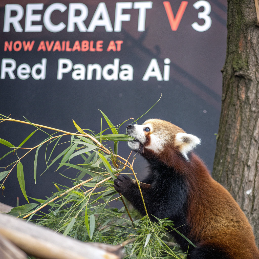 AI generated image by Red Panda AI: a red panda eating a bamboo in front of a poster that says "recraft V3 now available at red panda ai