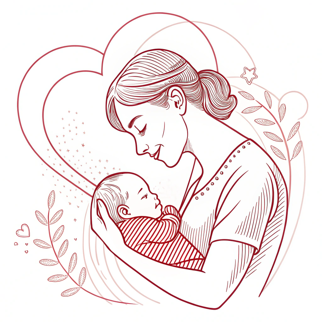 AI generated image by Red Panda AI: Line art illustration of a newborn baby cradled in the arms of their mother, capturing the emotional and tender moment of the baby’s birth. The drawing should depict the mother holding the infant close, with soft expressions that reflect love and connection. Surroundings can include minimalistic and symbolic elements like a subtle heart shape or radiating lines to enhance the emotional atmosphere. The design must use clean and simple lines, without shadows or complex fills, using only one color, red. The style should be modern and minimalist, following the principles of line art, while avoiding a doodle-like approach. The composition should evoke warmth, intimacy, and the beauty of this life-changing moment.