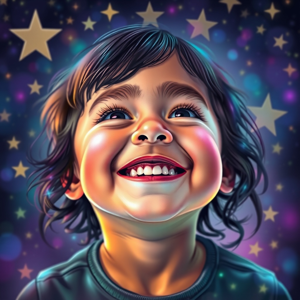 AI generated image by FLUX.1-schnell: colorful beautiful child smiling with under stars, Digital surrealism