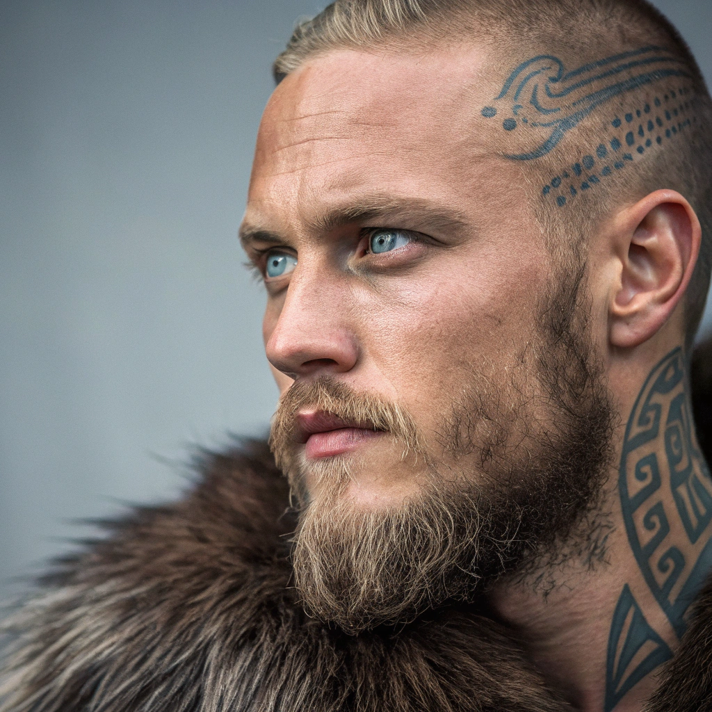 AI generated image by FLUX.1-schnell: Ultra realistic face portrait of a man as a ragnar from the vikings with blue eyes and tribal tattoo, painted by tristan eaton stanley artgerm and tom bagshaw