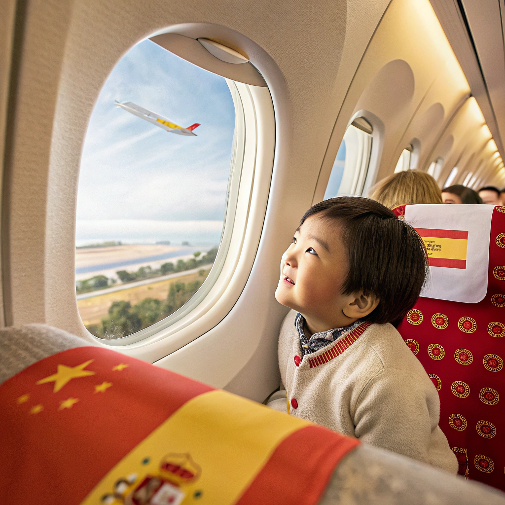 AI generated image by Red Panda AI: Ad for Iberia plane. Put a fat Chinese kid watching out of the window of the plane. In the plane, there is a Spanish atmosphere 