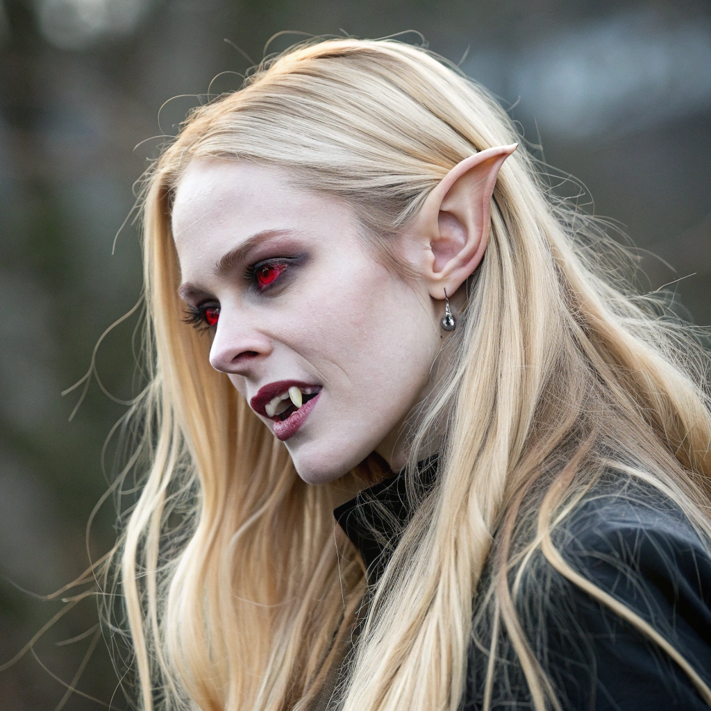 AI generated image by Red Panda AI: A blonde woman with very long hair, she has a white porcelain skin, red eyes, sharp teeth and her ears are made of three imbricate earlobe. Her hands have six fingers and she has claws instead of nails.