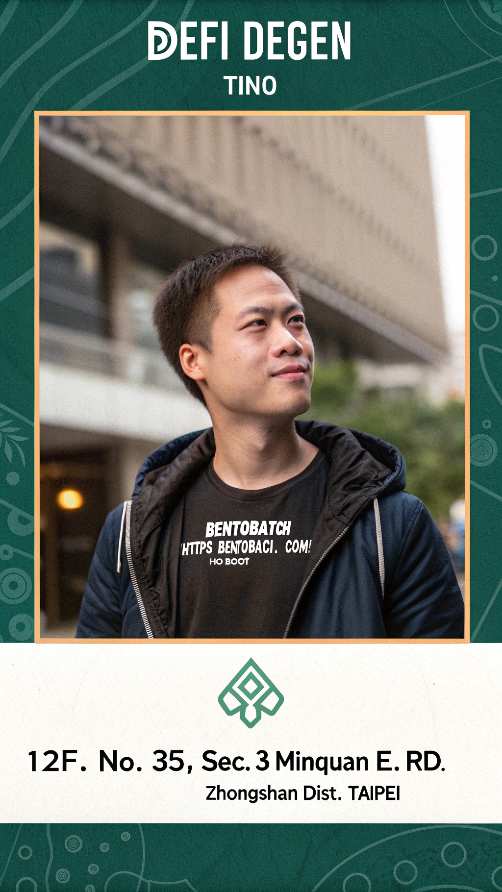 AI generated image by Red Panda AI: A poster for a defi degen(Tino) sharing collarating with BentoBatch https://bentobatch.com/ and 鏈新聞，address: 12F., No. 35, Sec. 3, Minquan E. Rd., Zhongshan Dist., Taipei
