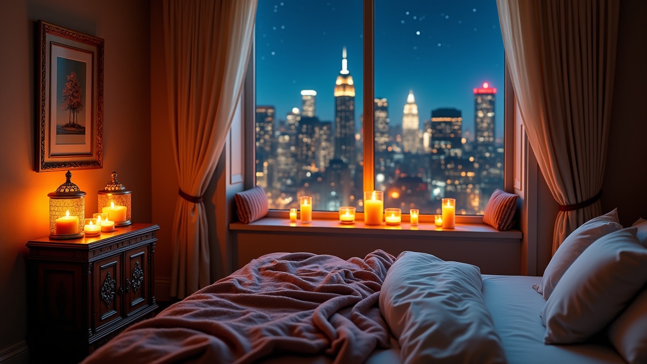 AI generated image by FLUX.1: A cozy bedroom with soft blankets, candles, and lanterns on the windowsill overlooking New York City at night. The city lights twinkle in the distance as stars fill the sky outside. In one corner of the room is an ornate wooden bedside table that holds various glowing candle jars. There's also a small window seat where someone can sit to enjoy the view or light some incense. This is an ultra-realistic photograph captured using high-resolution digital photography with a Nikon D850.