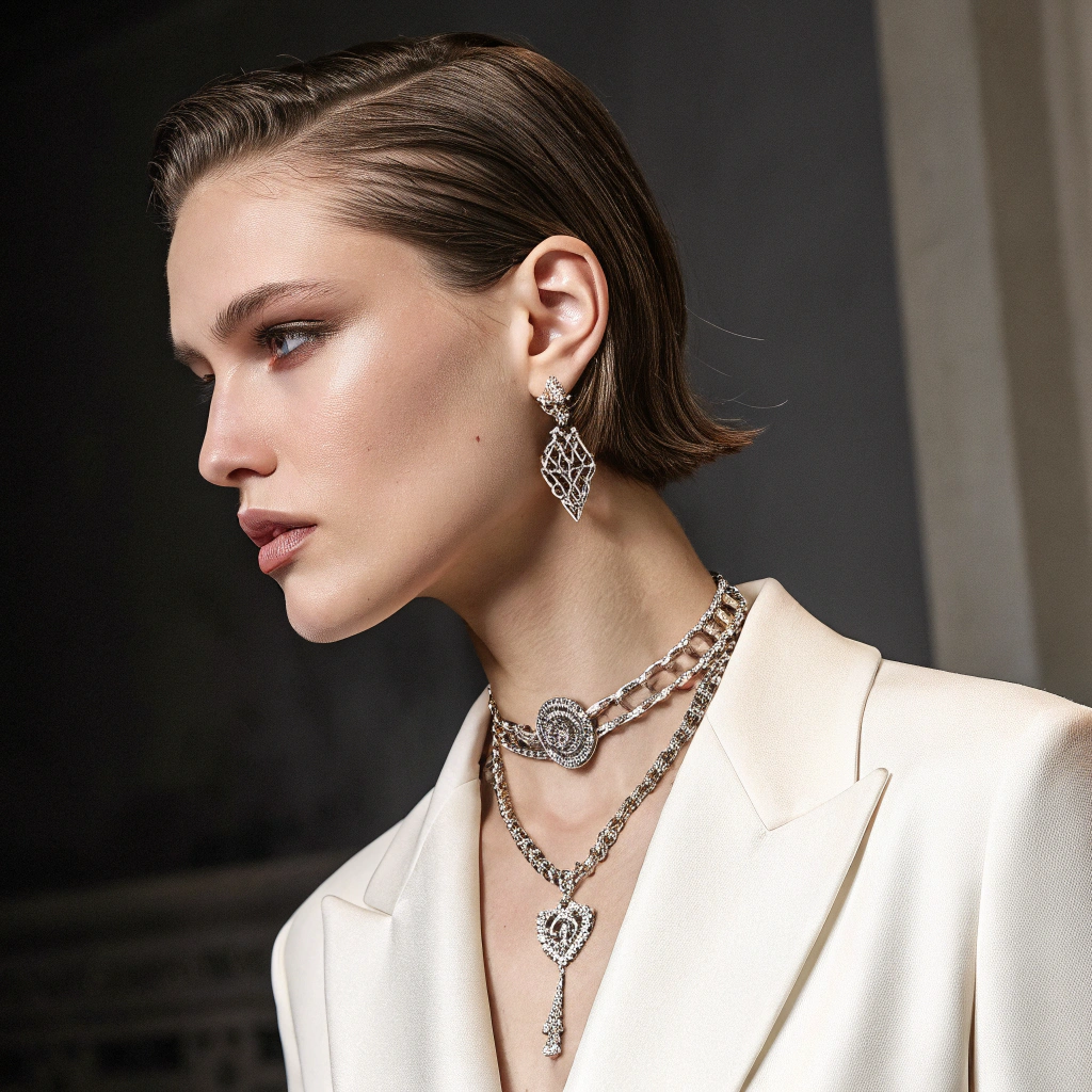 AI generated image by Red Panda AI:  전반적인 분위기 및 스타일
"Create a luxurious and minimalist fashion lookbook for a high-end jewelry brand called Metal Work Seoul, inspired by the boldness of Chrome Hearts and the minimalism of Sophie Buhai. The collection is elegant, modern, and edgy, showcasing jewelry pieces with intricate details, sculptural designs, and fine craftsmanship. The atmosphere should be sophisticated, with a mix of moody lighting and soft, natural accents, emphasizing the contrast between bold statements and subtle elegance."

2. 모델 (Model)
"Models should have a strong, confident presence with a clean, minimalist aesthetic. The models can be gender-neutral, with androgynous looks. For the first model, a tall, slender individual with sharp features, wearing minimal makeup and their hair styled in sleek, natural waves. For the second model, a shorter, elegant individual with soft, flowing hair, wearing a fresh, natural look. Both should exude effortless cool and sophistication."

