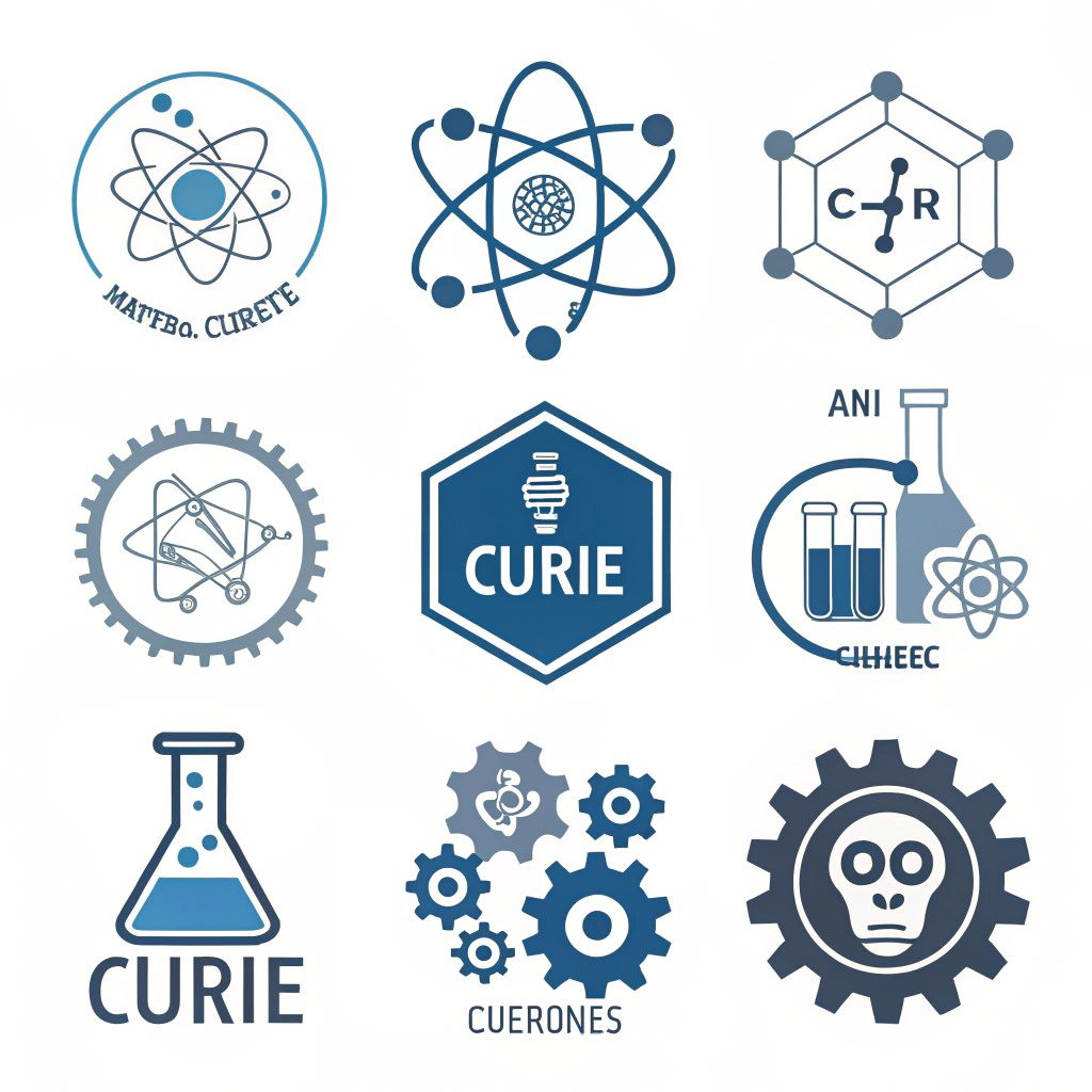 AI generated image by Red Panda AI: A set of logos and icons which can be used for a computational chemistry and material science AI assistant called curie