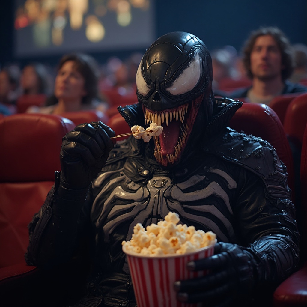 AI generated image by FLUX-Realism-Lora: Venom at cinema eating pop corn, with text " Venom at movie" 