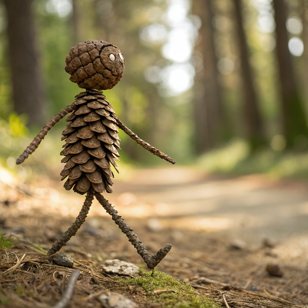 AI generated image by Red Panda AI: A humanoid figure made entirely of a pinecone, standing upright like a person. The scales of the pinecone form the natural structure of its body, creating a layered, textured appearance. Its arms and legs are crafted from smaller, branch-like pieces with scales extending outward, blending seamlessly into the organic design. The head is rounded, with scales subtly arranged to resemble facial features, and its stance is lifelike, as if caught mid-step in a serene forest environment.