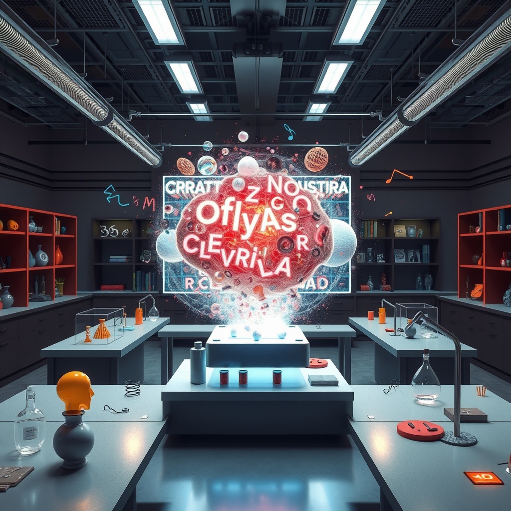 AI generated image by FLUX.1-schnell: Un laboratorio creativo en un ambiente futurista, con mesas llenas de elementos abstractos representando símbolos, sonidos y gramática: frascos con letras flotando, ecuaciones lingüísticas en pizarras digitales, y hologramas mostrando palabras en evolución. En el centro del laboratorio, un dispositivo brillante combina estas 'sustancias lingüísticas' y genera un idioma nuevo, representado como un haz de luz multicolor o palabras en lenguas ficticias flotando en el aire. El ambiente debe transmitir innovación, creatividad, y un enfoque científico en la creación de lenguas. Iluminación suave, con detalles que sugieran un entorno académico pero imaginativo.