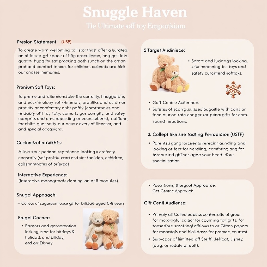 AI generated image by FLUX.1-schnell: Concept: "Snuggle Haven – The Ultimate Soft Toy Emporium"
1. Vision Statement:
To create a warm and welcoming retail space that offers a curated collection of high-quality, huggable soft toys, providing comfort, joy, and cherished memories for children, collectors, and gift-givers.

2. Unique Selling Proposition (USP):
Premium Soft Toys: Offer a range of luxurious, hypoallergenic, and eco-friendly soft toys that prioritize safety and comfort.

Customization Options: Allow customers to personalize soft toys with names, outfits, or accessories (e.g., monogramming, custom clothing, or sound modules).

Interactive Experience: Include a "Snuggle Corner" where customers can interact with the toys before purchasing.

Gift-Centric Approach: Position the store as the go-to destination for meaningful gifts for birthdays, holidays, and special occasions.

3. Target Audience:
Primary: Parents and grandparents looking for comforting and safe toys for children aged 0–8 years.

Secondary: Collectors of limited-edition or branded soft toys (e.g., Steiff, Jellycat, or Disney).

Tertiary: Gift shoppers seeking sentimental and memorable presents for loved ones.

4. Store Layout and Design:
Cozy and Inviting Atmosphere: Use warm lighting, soft textures, and pastel colors to create a comforting environment.

Themed Sections: Organize the store by categories such as:

Baby Soft Toys: Plush animals, rattles, and teethers for infants.

Character Toys: Licensed soft toys from popular brands (e.g., Disney, Pokémon, or Hello Kitty).

Luxury Collectibles: High-end, limited-edition soft toys for collectors.

Customization Station: A dedicated area for personalizing toys.

Snuggle Corner: A play area where kids can interact with the toys, and parents can relax.

Gift Wrapping Station: Offer complimentary or premium gift-wrapping services.

5. Product Range:
Classic Plush Animals: Teddy bears, bunnies, dogs, and cats.

Licensed Characters: Soft toys featuring popular characters from movies, TV shows, and games.

Eco-Friendly Options: Soft toys made from sustainable materials like organic cotton or recycled fibers.

Interactive Plush: Toys with sound, motion, or sensory features (e.g., heartbeat sounds or built-in music).

Seasonal and Holiday Themes: Limited-edition soft toys for occasions like Valentine’s Day, Easter, and Christmas.

6. Marketing and Promotions:
Grand Opening Event: Host a cozy launch event with activities like teddy bear picnics, storytelling sessions, and free customization for the first 50 customers.

Social Media Campaigns: Use Instagram and TikTok to showcase the softness, quality, and customization options of your toys. Feature heartwarming stories of customers gifting your toys.

Loyalty Program: Offer a "Snuggle Club" membership with perks like discounts, early access to new arrivals, and free gift-wrapping.

Collaborations: Partner with parenting influencers, baby boutiques, and gift shops to cross-promote your products.

Seasonal Promotions: Run special campaigns for holidays, back-to-school, and birthdays.

7. Financial Viability:
Revenue Streams: Sales of soft toys, customization services, gift-wrapping, and hosting special events (e.g., teddy bear tea parties).

High Margins: Focus on premium and collectible soft toys, which often have higher profit margins.

Repeat Customers: Build a loyal customer base through personalized experiences and a strong emotional connection to the brand.
