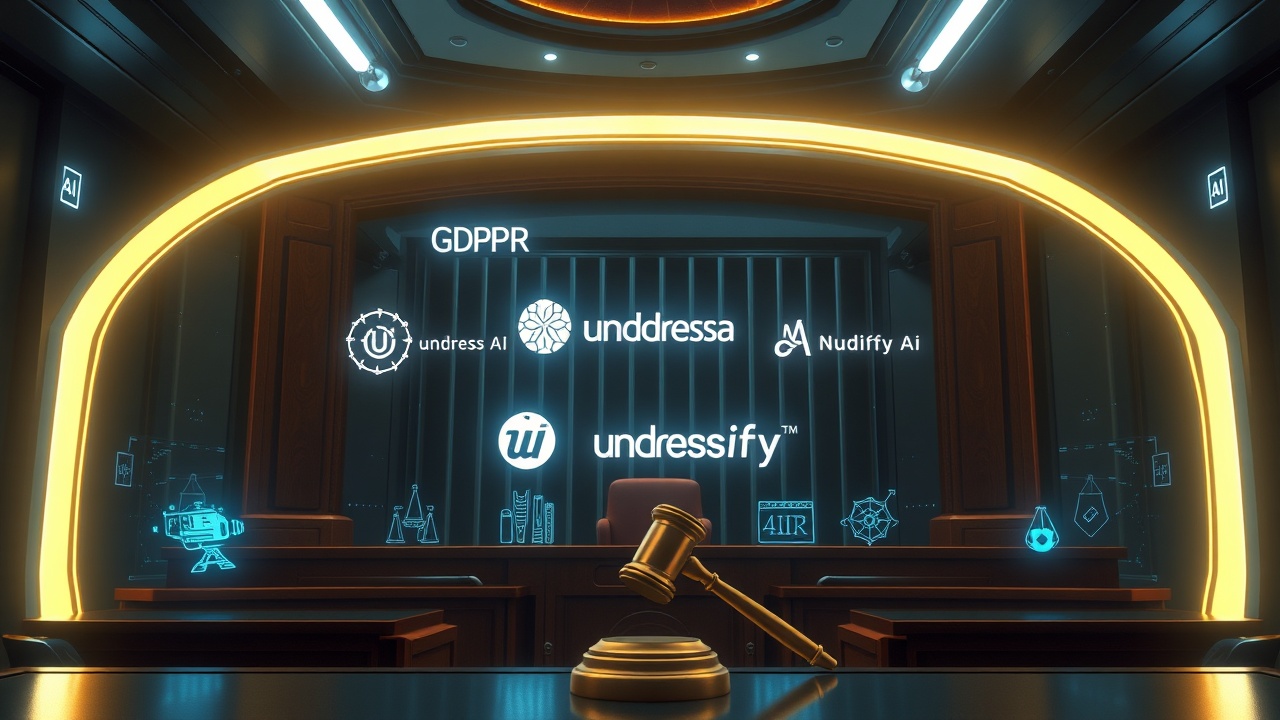 AI generated image by FLUX.1-schnell: "A futuristic courtroom glowing with holograms, judges holding AI-generated evidence, laws floating: 'CFAA', 'GDPR', 'Cybercrime Act', jail bars forming behind Undress AI and Nudify logos, symbolic justice hammer shining."