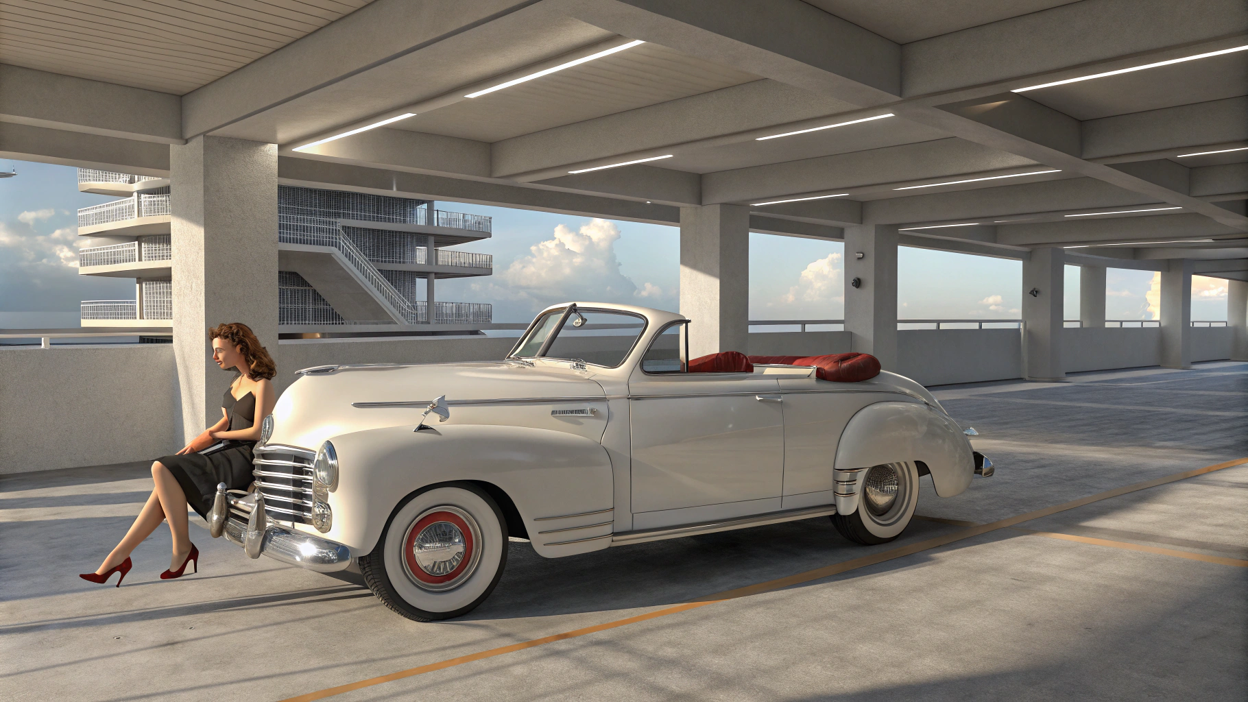 AI generated image by Red Panda AI: Top level of a parking garage on a sunny day. Impeccably restored white 1946 Chevrolet convertible with the top down. High bench front seat light grey cloth set toward the back Light grey floorboard carpet. Lovely and very  petite (150 cm tall) French woman with trim figure in early 50s sitting on seat next to the open door with legs underneath the steering wheel Thighs resting on seat, feet on floorboard. Pale complexion, long brown hair gathered in bun. Red lipstick. Eye makeup. Black off-shoulder peasant blouse with 3/4 sleeves. Tight-fitting rose-covered pencil skirt hemmed above the knee. Black suede high heel wedge slides with rose on the vamp. Camera positioned just outside and behind the open door. Focus on feet. Both feet visible. 