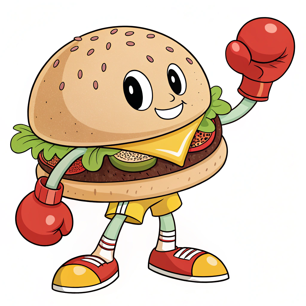 AI generated image by Red Panda AI: A cheerful cartoon hamburger, looking straight at the viewer, mascot character with a round bun head, simple black dot eyes, and a small curved smile. The character has a realistic hamburger body with lettuce and other toppings visible between the buns. Wearing bright red boxing gloves on both hands and yellow shorts or trunks. The style is retro 1980s-90s, mascot art, with bold colors and simple geometric shapes. Clean, family-friendly design with a playful fighting game aesthetic. As logo on plain white background.
