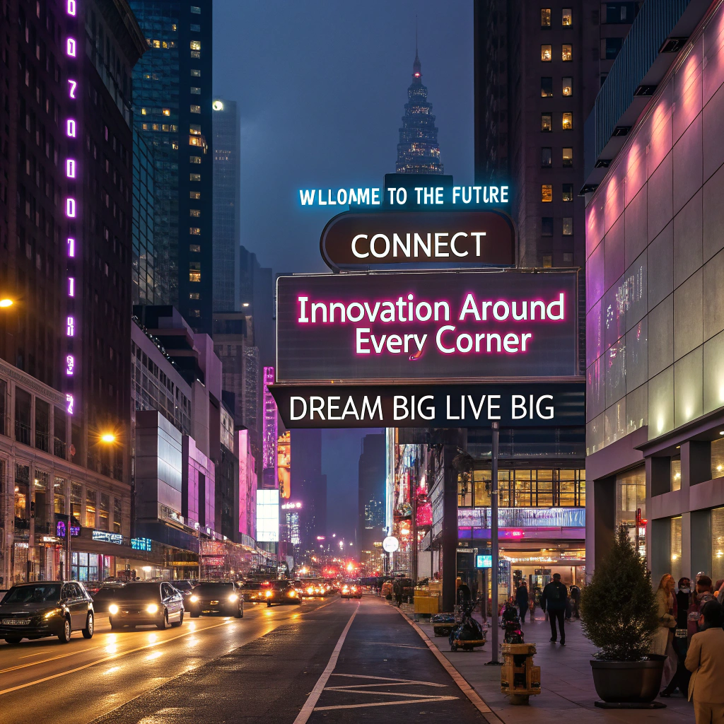 AI generated image by Red Panda AI: Create an image of a vibrant city at night, with streets lit by neon lights and bright signs. The scene shows modern skyscrapers and busy streets, with cars and people walking. On visible signs, place the following words written clearly and visibly: 'Welcome to the Future', 'Connect', 'Innovation Around Every Corner', and 'Dream Big, Live Big '. The lighting should highlight these signs and the architecture, creating an atmosphere of technology and energy, but also of welcome and progress.