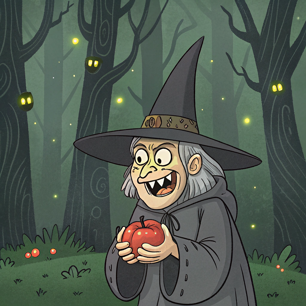 AI generated image by Red Panda AI: A witch picks up an apple and hands it to the camera, in the background there's a spooky dark forest and green fireflies and some strange creatures, and the witch wears a pointy hat and a tattered gray robe and leaks out a strange smile with chipped broken teeth，Facing the camera, front and center, with a wrinkled face