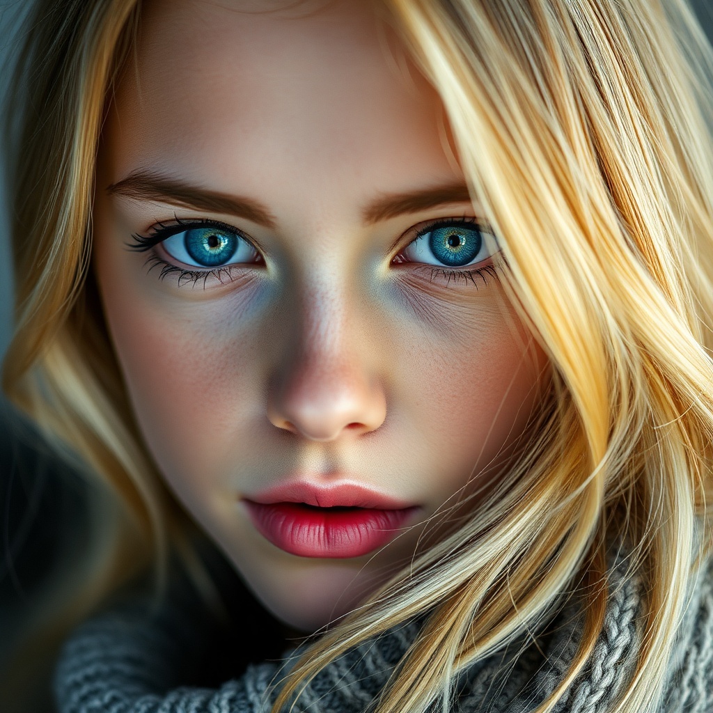 AI generated image by FLUX.1-schnell: Beautiful blonde hair blue eyes perfect reality3
She looks at the camera with his tits