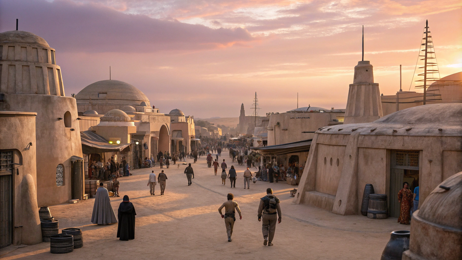 AI generated image by Red Panda AI: Star Wars cinematic style, Mos Eisley Spaceport, dawn, desert large city of stucco rounded adobe style buildings, extraterrestrial aliens and robot droids walking towards the camera