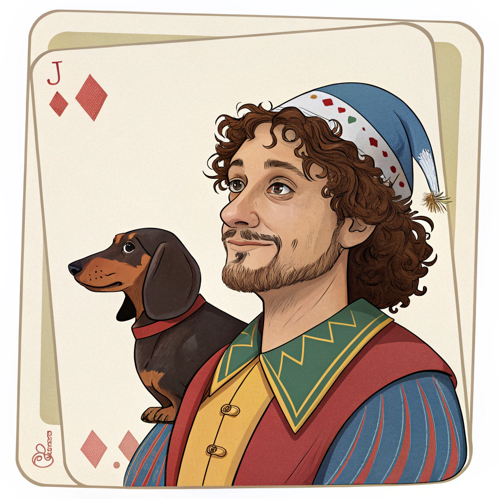 AI generated image by Red Panda AI: recrear la carta de tarot "The Fool" con el hombre con pelo con rulos barba corta, mas larga en el menton, terminando la barba en punta. 
Me gustaria respete el vestuario con estilo bufon original.  y su perrito salchicha detras color marron oscuro