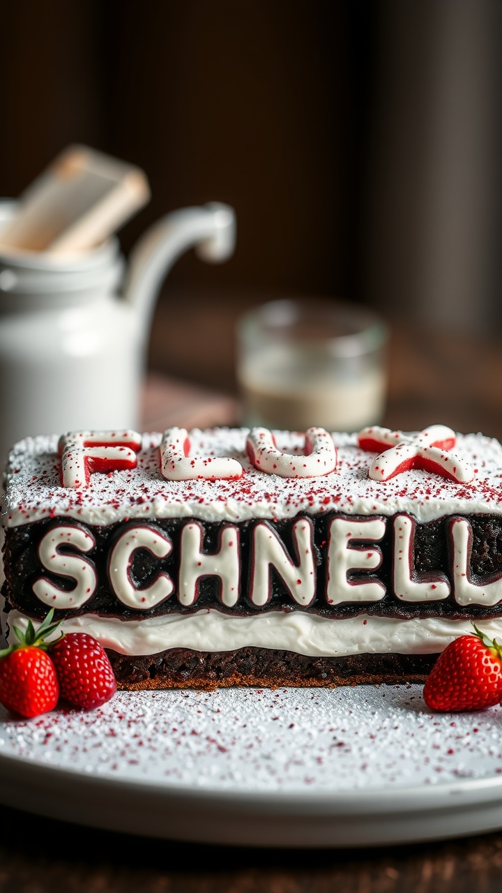 AI generated image by FLUX.1-schnell: black forest gateau cake spelling out the words "FLUX SCHNELL", tasty, food photography, dynamic shot