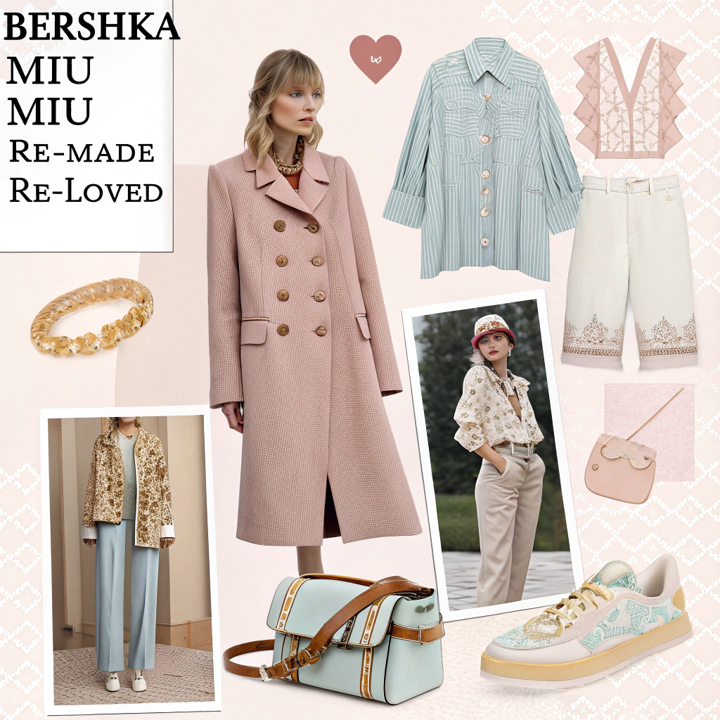 AI generated image by Red Panda AI: Bershka X Miu Miu capsule moodboard brand  "Re-Made Re-Loved"
