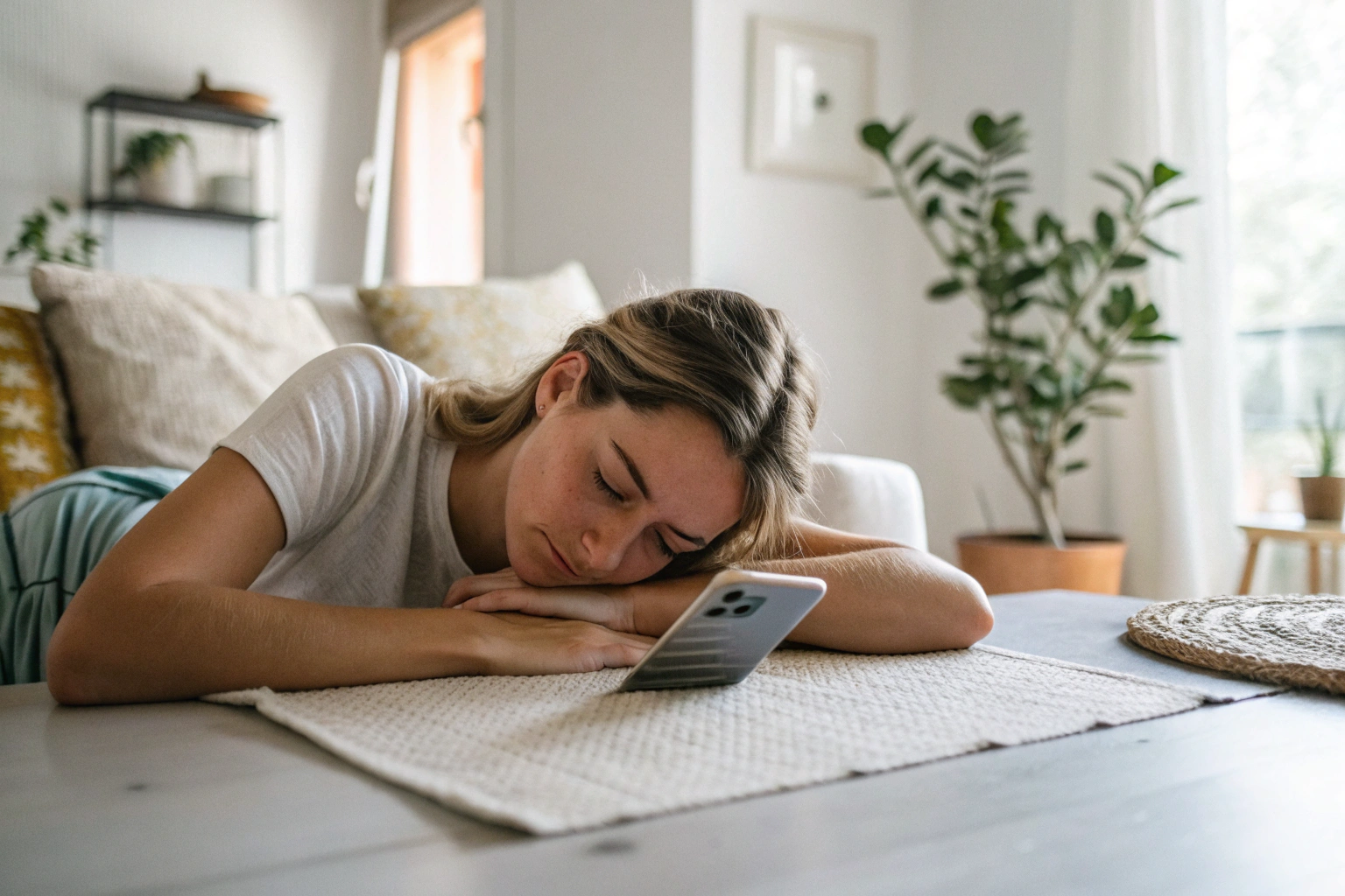 AI generated image by Red Panda AI: Photorealistic image of a woman relaxing at home with phone placed face down on the table, calm atmosphere, minimal interior, digital detox and mental wellness concept, natural light