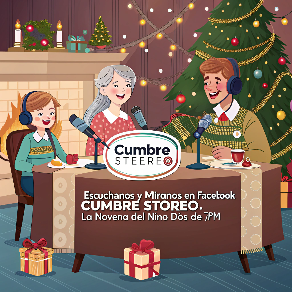AI generated image by Red Panda AI: “Create a festive Christmas scene with a cheerful family sitting around a table with multiple podcast microphones. The table has a visible ‘Cumbre Stereo’ logo at its center. The family is dressed in elegant holiday clothing, smiling and enjoying the moment. The background features a Christmas tree with glowing lights, ornaments, and wrapped gifts. A cozy fireplace adds warmth to the setting. The Spanish text ‘Escúchanos y míranos en Facebook Cumbre Stereo. La Novena del Niño Dios de 7 PM a 8 PM’ is displayed stylishly in the image, enhancing the festive atmosphere.”