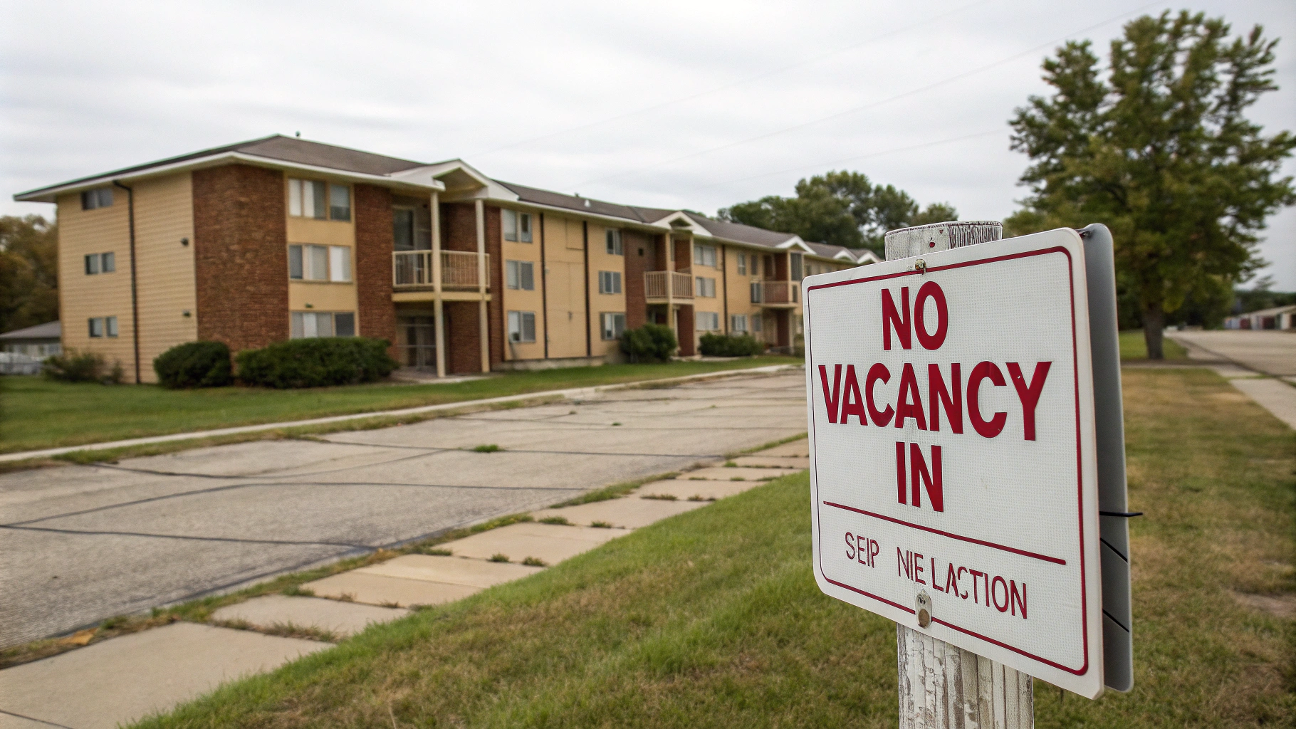 AI generated image by Red Panda AI: "No Vacancy in Blair, Nebraska" sign in front of apartment complex