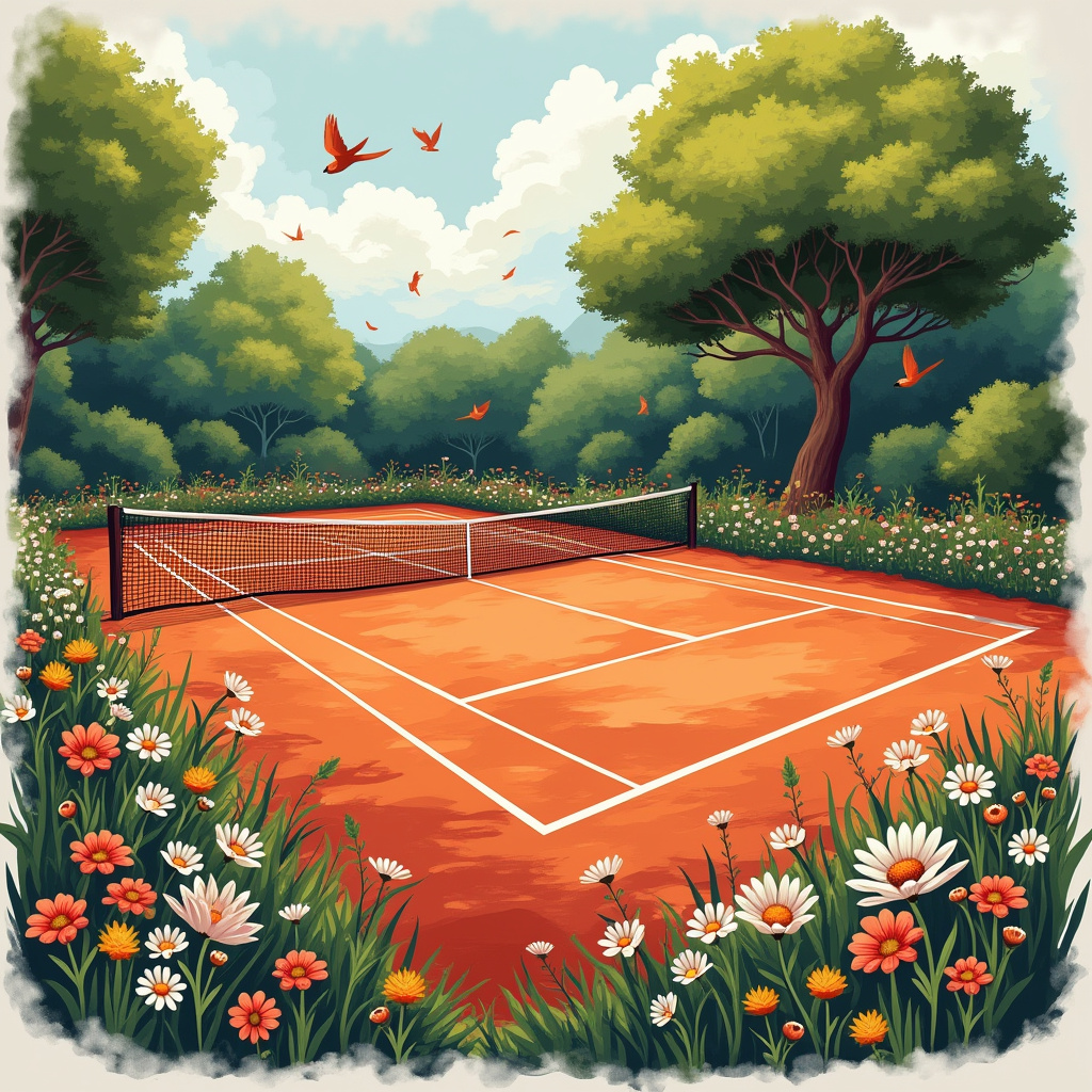 AI generated image by FLUX.1-pro: Draw a tennis court with red clay on the court a lot of flowers, around trees, birds, and squirrels