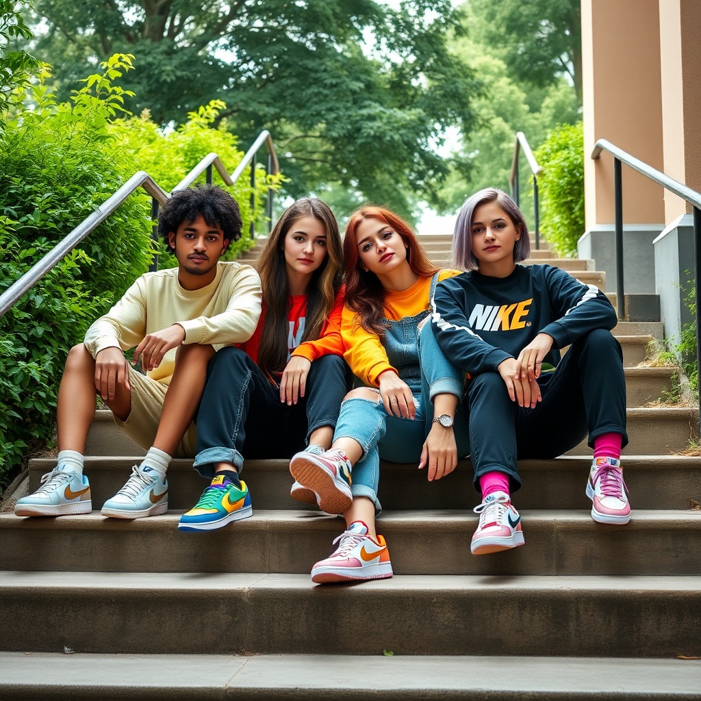 AI generated image by FLUX.1-schnell: A group of 4 friends sitting on the steps, wearing colorful sneakers and casual clothes, posing for an advertisement campaign. The scene is set outdoors with lush greenery around them, creating a relaxed atmosphere. They all have different hair colors and styles, adding to the diversity within the composition. This shot captures a moment where they showcase various outfits and color schemes while showcasing items from a high-end fashion brand in the style of Nike