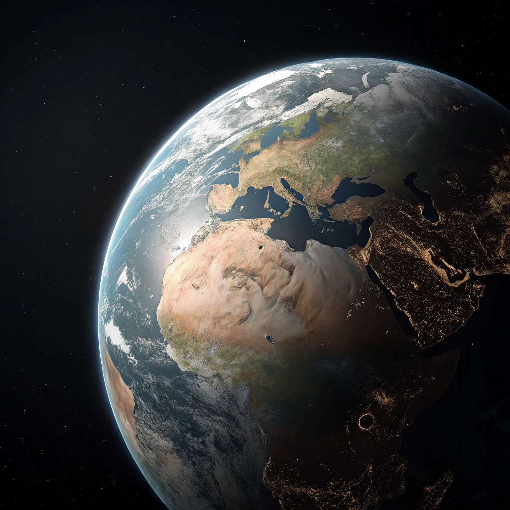 AI generated image by Red Panda AI: A desolate Earth seen from space, with muted colors and visible signs of environmental decay. The planet appears fragile and worn, surrounded by the dark emptiness of space. The atmosphere is thin, and the surface shows barren lands and dried oceans. The scene conveys sadness and isolation."

