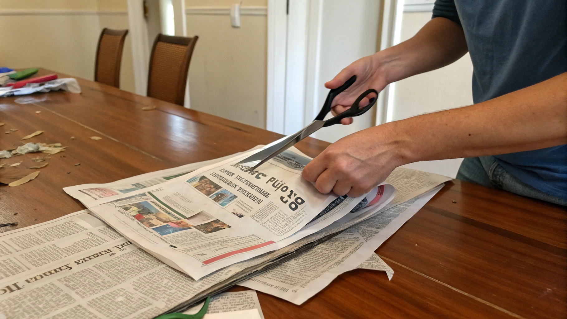 AI generated image by Red Panda AI: cutting up a newspaper with scissors