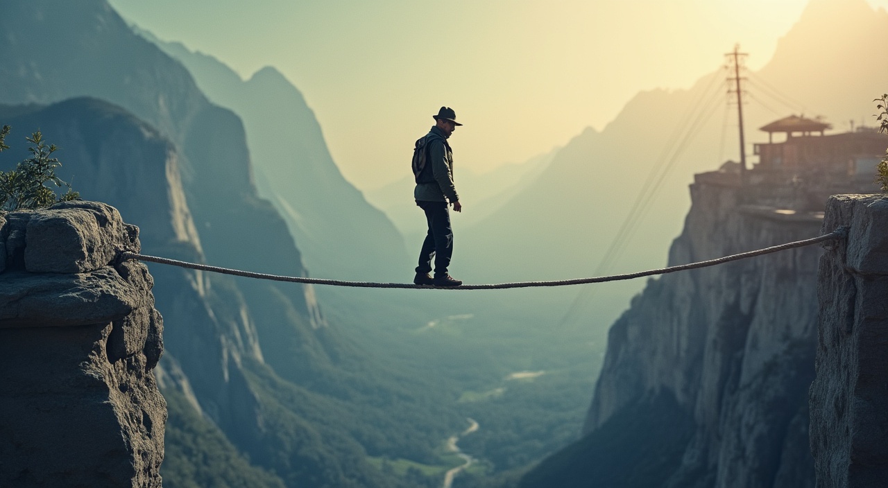 AI generated image by FLUX.1-pro: "The Tightrope Walker's Pause: A Moment of Balance Between Valleys"
This captures the market's current state of suspended tension after reaching a critical support level. Like a tightrope walker who has just regained balance after a wobble, the market is in a precarious equilibrium – not yet safe, but no longer in free fall. The image conveys both the risk still present and the potential for either recovery or continued descent, all while avoiding direct stock market references.