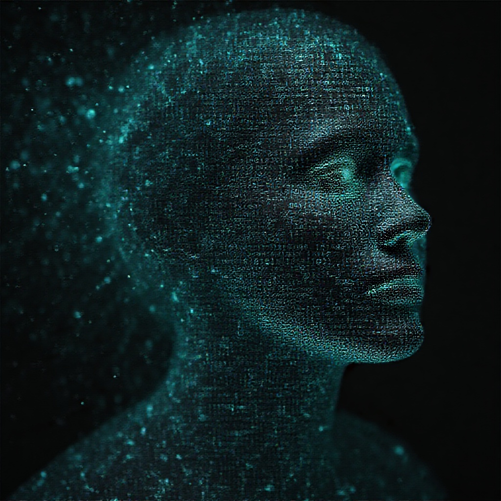 AI generated image by FLUX.1-pro: Emmy Noether's face as a digital mask made from thousands of bright turquoise numbers and formulas forming her face. The formulas and numbers fly behind the mask leaving a trail of complexity. The mask is floating dynamically in mid air. Her head is turned to the right but her eyes are looking directly into the camera. The mask is on a black background. Like a png with black only background. Photo realistic, sci-fy