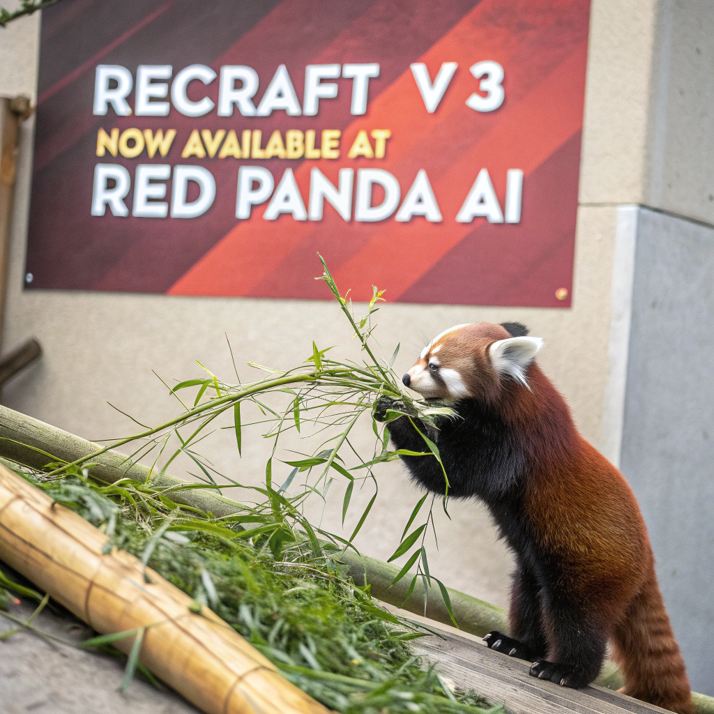 AI generated image by Red Panda AI: a red panda eating a bamboo in front of a poster that says "recraft V3 now available at red panda ai