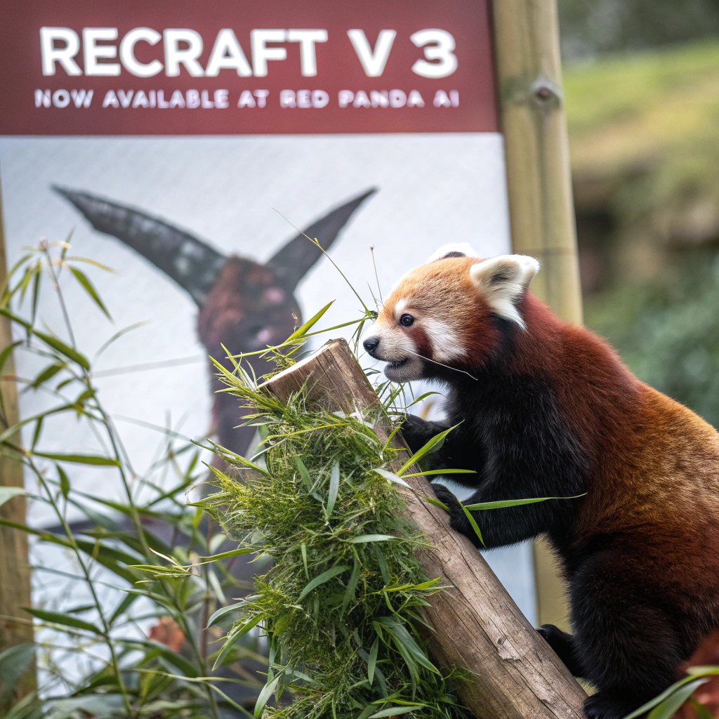 AI generated image by Red Panda AI: a red panda eating a bamboo in front of a poster that says "recraft V3 now available at red panda ai