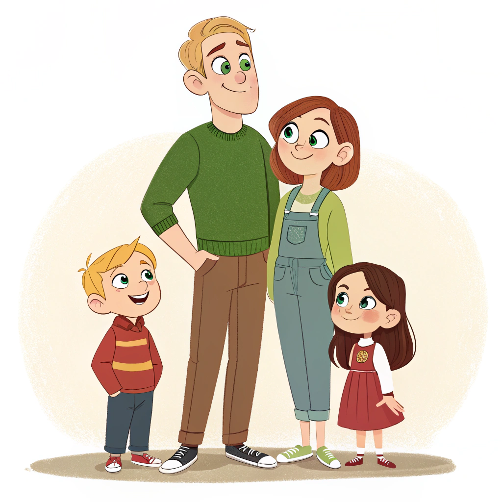 AI generated image by Red Panda AI: Imagem do tipo pixar de uma família de 4 pessoas. Sendo um homem alto de olhos verdes, uma
Mulher de 1,74, um
Membi o de 1,92 loiro dos
Olhos verdes e uma menina de 10 anos morena com rosto afilados.