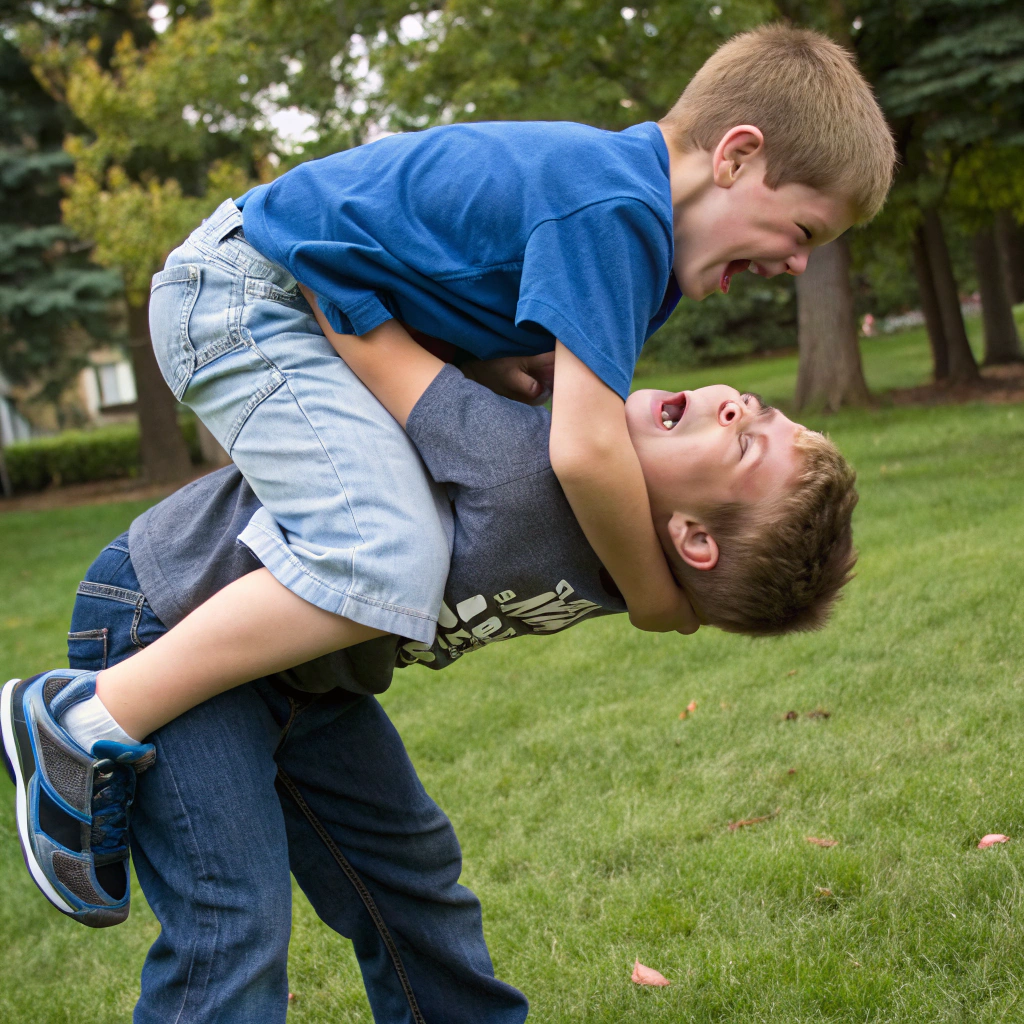AI generated image by Red Panda AI: 6 year old boy lifting another boy for a wrestling body slam