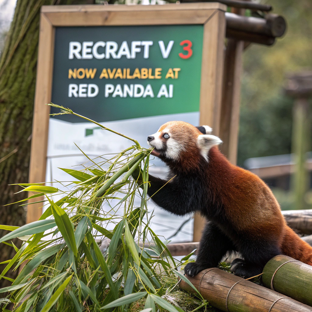 AI generated image by Red Panda AI: a red panda eating a bamboo in front of a poster that says "recraft V3 now available at red panda ai
