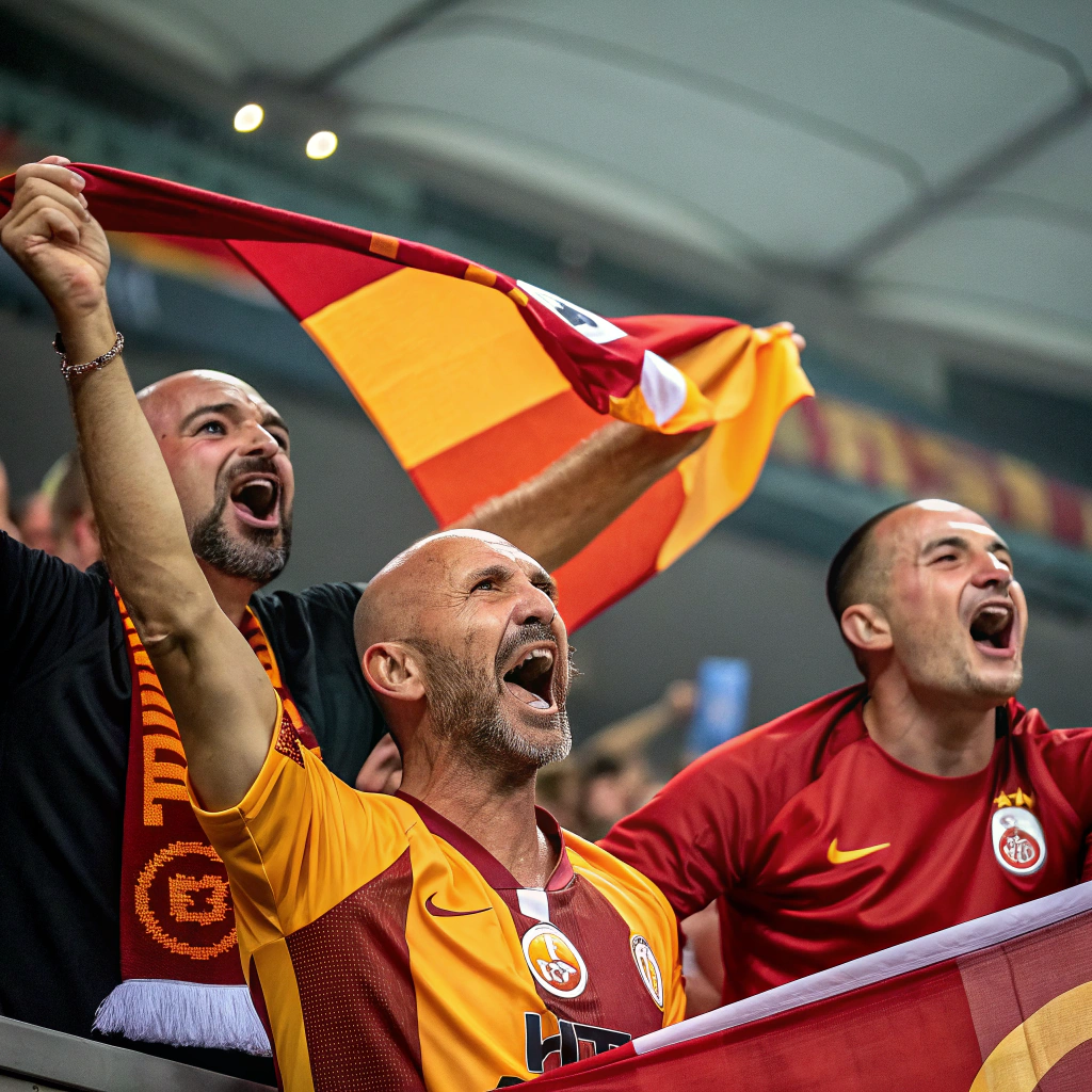 AI generated image by Red Panda AI: 3 galatasaray team supporters. one of them is bald. they are cheering up. One fenerbahce supporter is crying sadly next to them